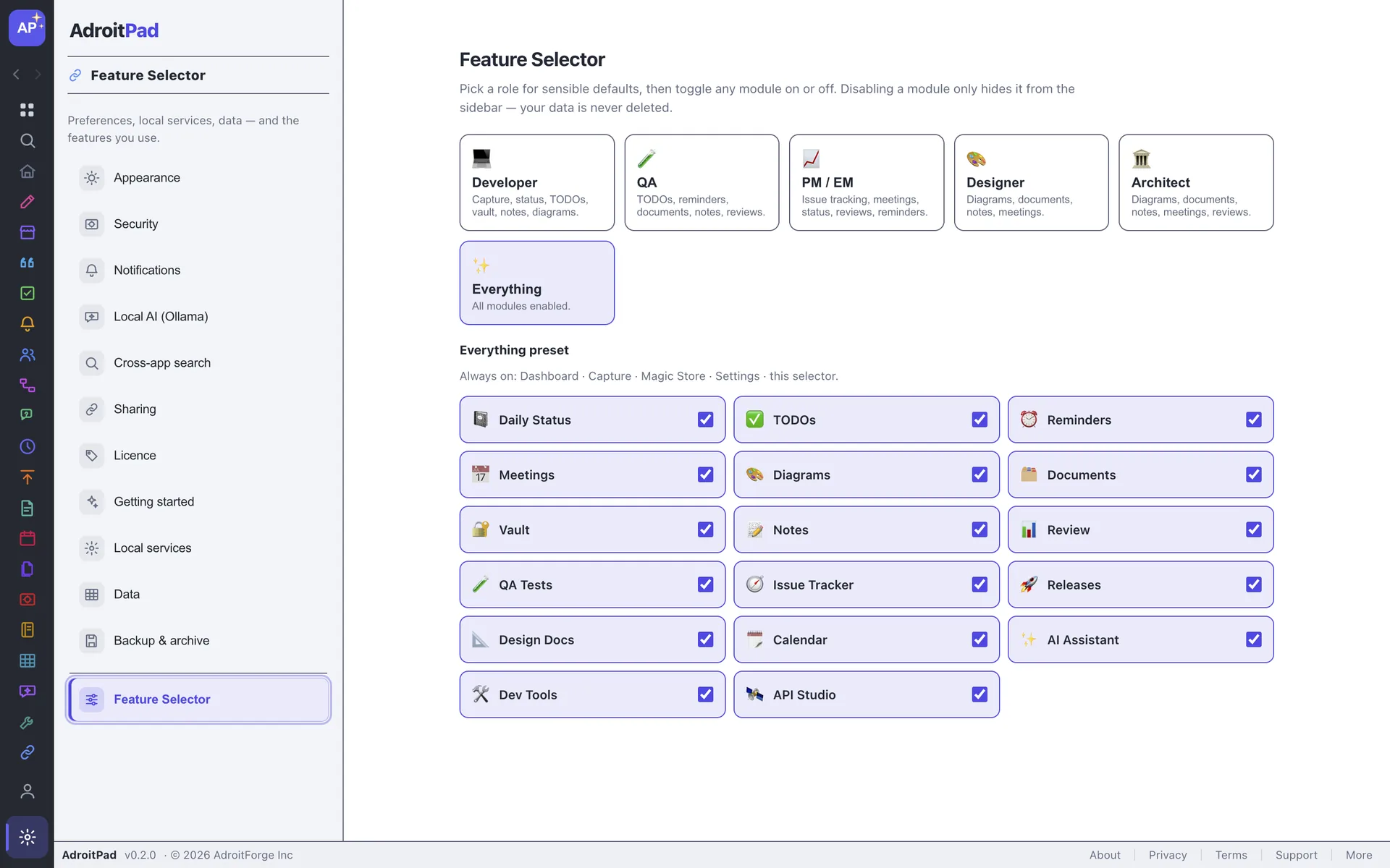 AdroitPad product feature selector