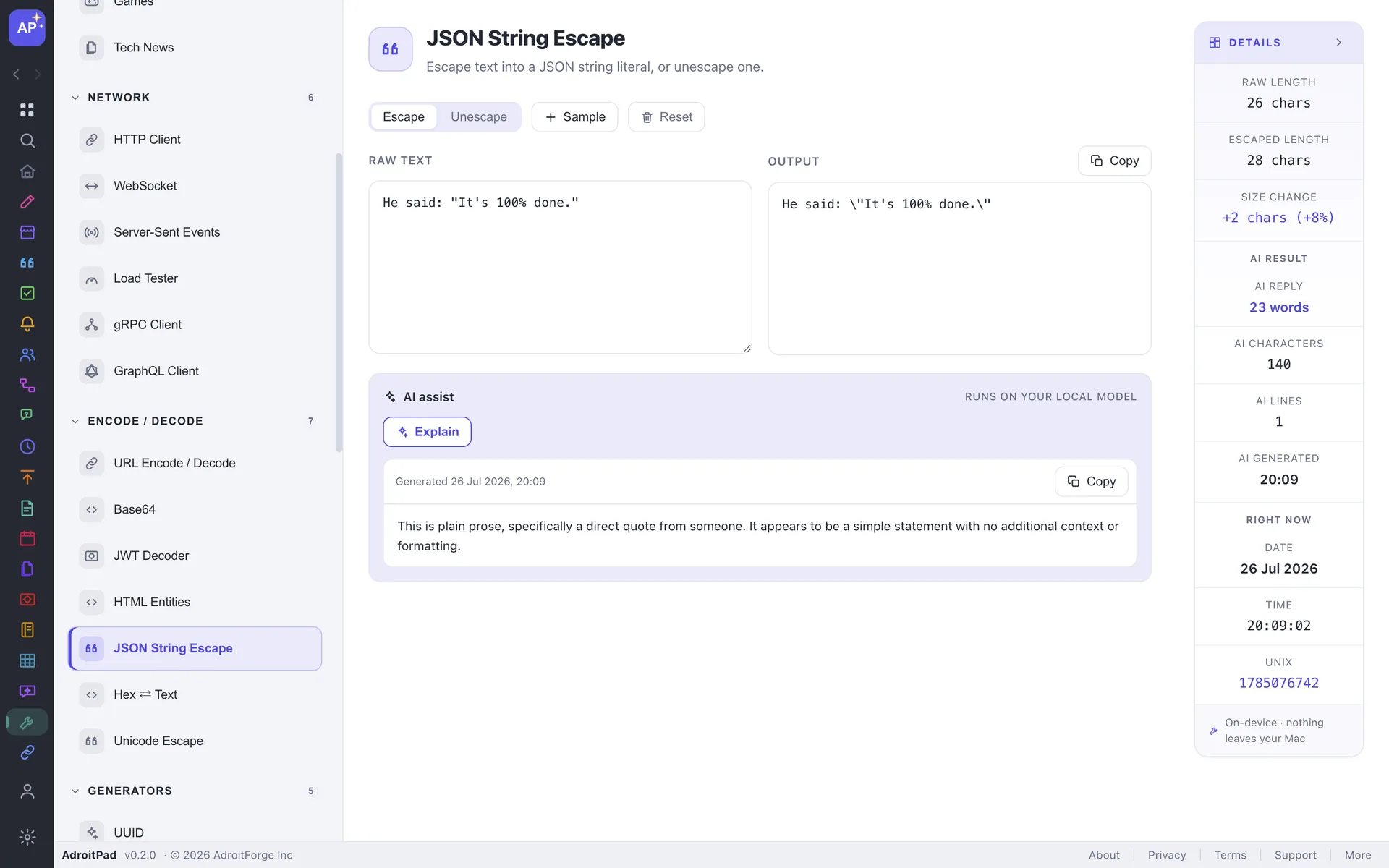 JSON String Escape in AdroitPad